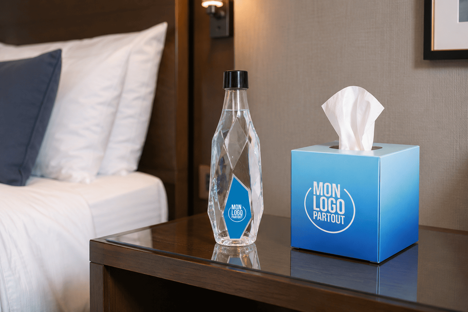 Bouteille et boîte de mouchoirs dans une chambre d'hôtel